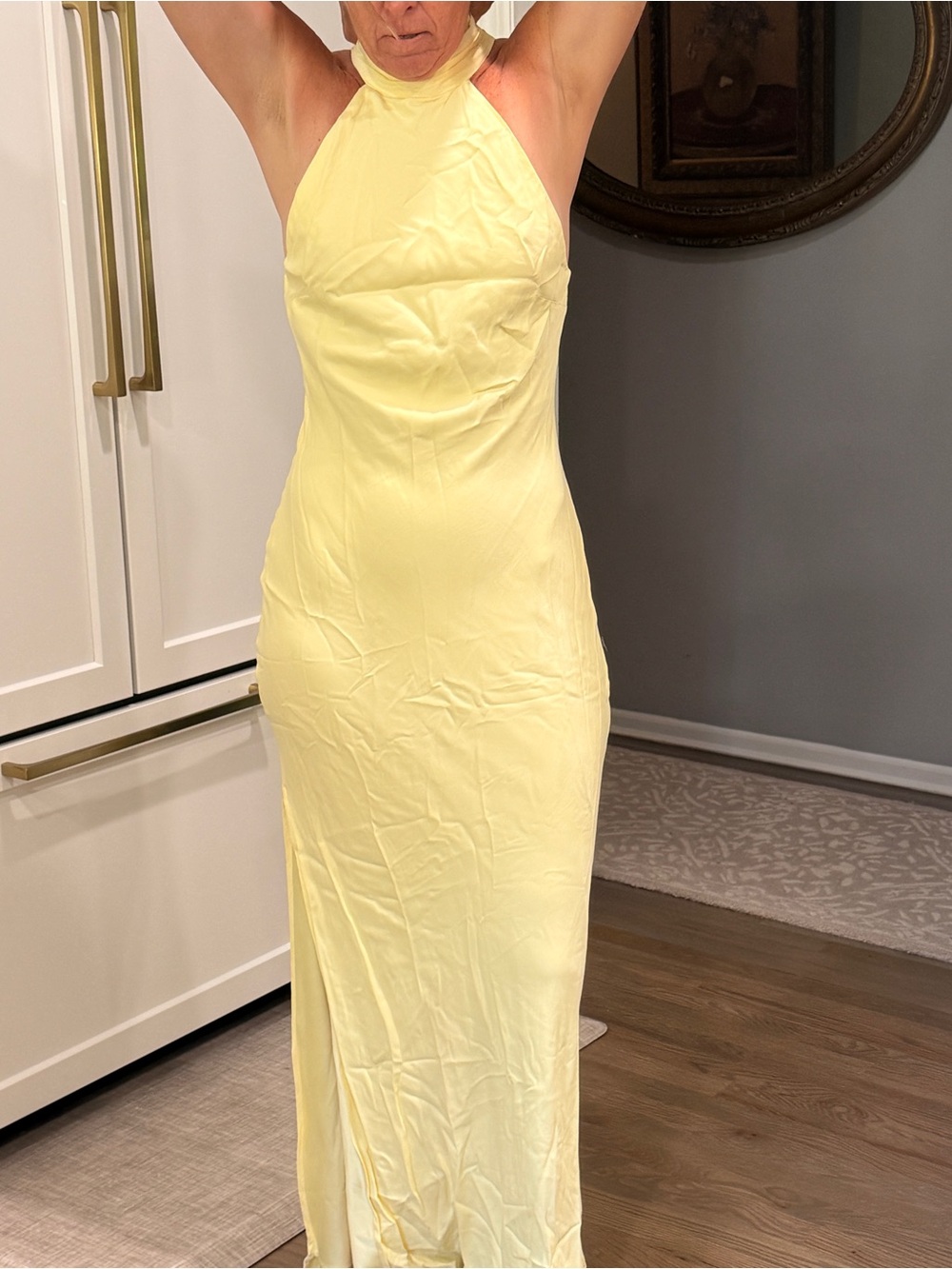 MESHKI Claire Matte Satin Drape Back Maxi Dress Light Yellow